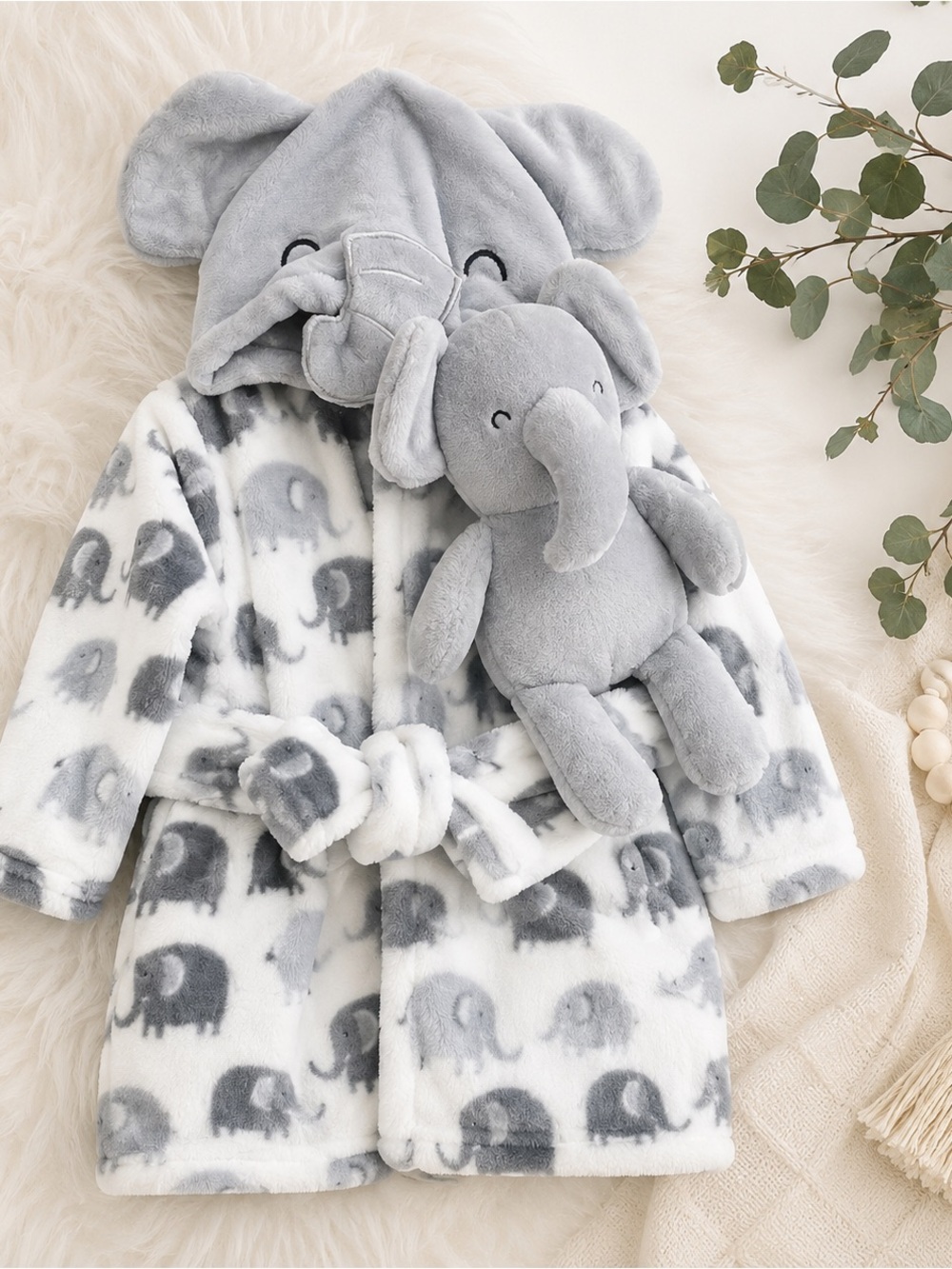 NWT Dream Kids Elephant Hooded Bathrobe w/ Plush Elephant | Super Soft Baby Robe